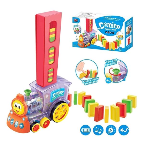 Domino Train with 60 pcs Domino Blocks, Funny Train Toy with Music and 3D Lights, Automatic Dominos Block Laying Toy Train Set for Kids Fun