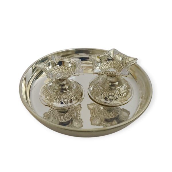 German Silver Diya|Deepa,Dipak|for Puja with Plate (3 Pieces)